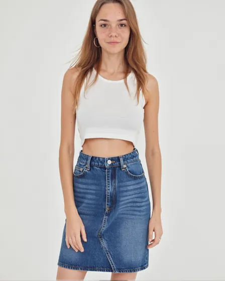 AI-generated portrait of Mila Hayes, a virtual creator: a young woman with long light-brown hair and freckles, wearing a white ribbed tank top and a blue denim skirt, standing against a plain light background.
