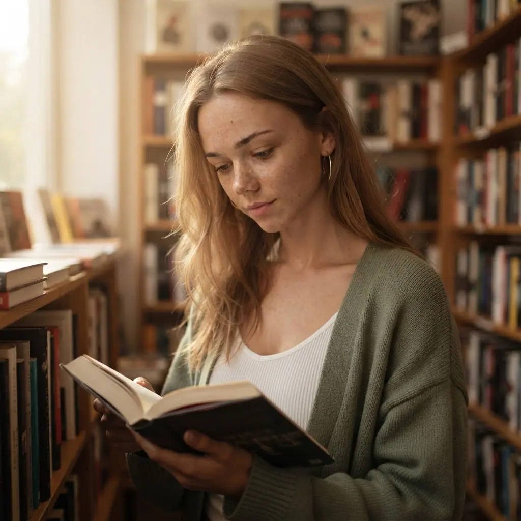Mila, a virtual creator, standing between wooden bookshelves with an open book in her hands (AI-generated image)