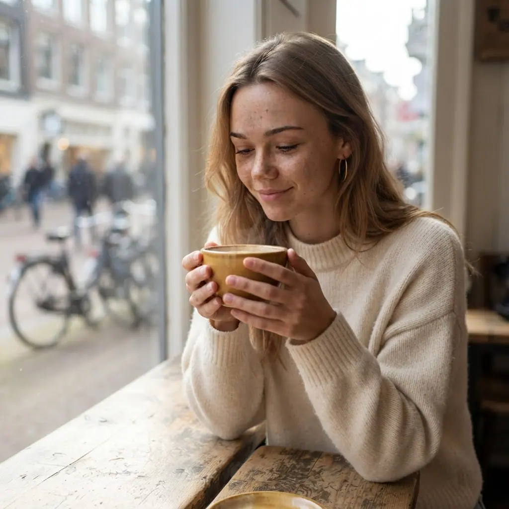 Mila, a virtual creator, holding a warm drink at a wooden table in a café with a city street behind her (AI-generated image)